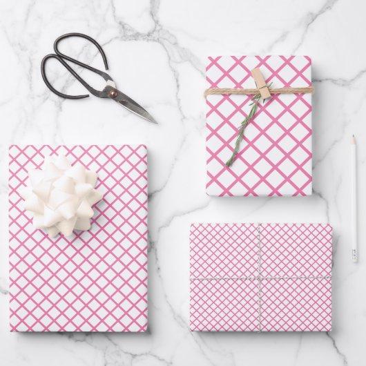 Diamantgitter Fuchsia Pink - Weiß Geschenkpapier Set (Vorderseite)