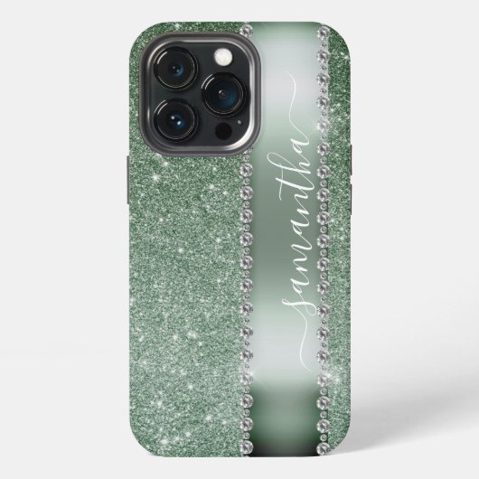 Diamantgrüner Glitter-Kalligrafie-Monogramm-Name iPhone Hülle (Hinten)