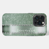Diamantgrüner Glitter-Kalligrafie-Monogramm-Name iPhone Hülle (Rückseite (Horizontal))