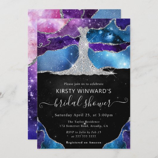 Diamantkleid und Galaxy Agate Brautparty Einladung (Vorne/Hinten)