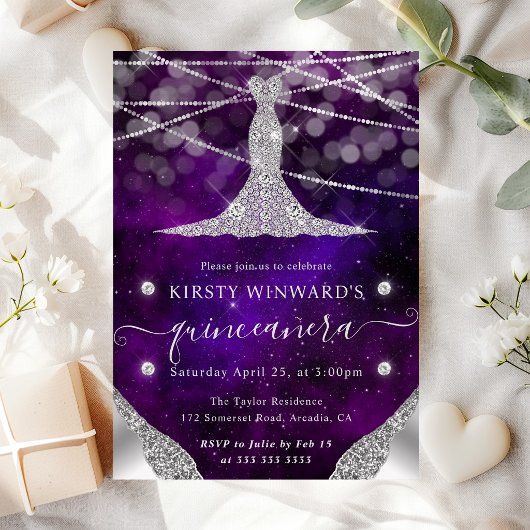 Diamantkleid und String Lights Quinceanera Einladung