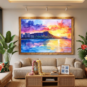 Diamantkopf Waikiki Hawaii Aquarellmalerei Leinwanddruck