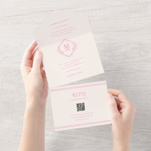 Diamantmonogramm mit Blume in rosa Hochzeit All In One Einladung (Abreißen)