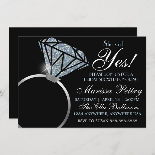 Diamantring, Brautparty, sagte sie ja Einladung (Vorne/Hinten)