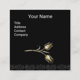 DIAMONANTE TULIPS DAMASK MONOGRAMM, Schwarz & Weiß Quadratische Visitenkarte