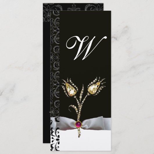 DIAMONANTE TULIPS, Schwarz-weiße Damaskus-Monogram Einladung (Vorne/Hinten)