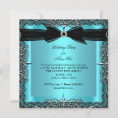 Diamond Aquamarin Blue Black Bow Silver Birthday P Einladung (Rückseite)