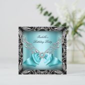Diamond Aquamarin Blue Bow Silver Black Birthday P Einladung (Stehend Vorderseite)