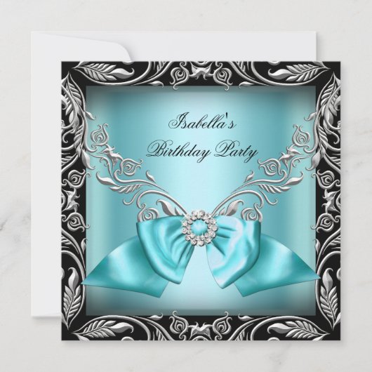 Diamond Aquamarin Blue Bow Silver Black Birthday P Einladung (Vorderseite)
