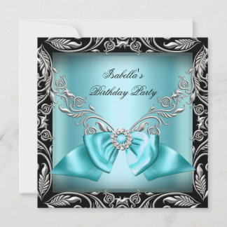 Diamond Aquamarin Blue Bow Silver Black Birthday P Einladung
