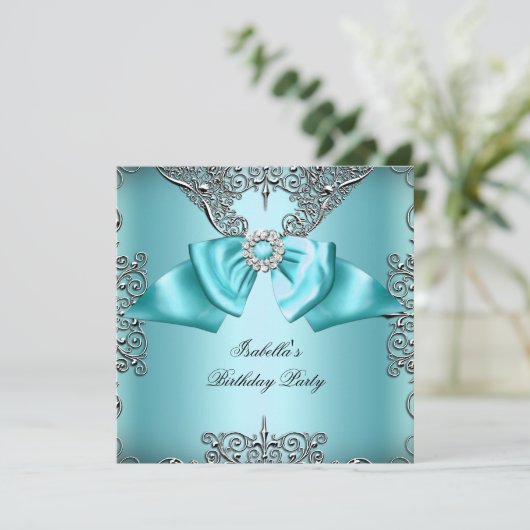 Diamond Aquamarin Blue Bow Silver Elegante Geburts Einladung (Stehend Vorderseite)