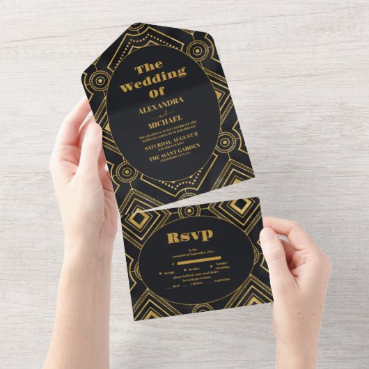 Diamond Black and Gold Art Deco Wedding All In One Einladung (Abreißen)