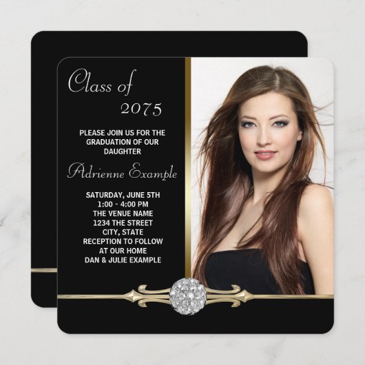 Diamond Black and Gold Glam Abschluss Einladung (Vorne/Hinten)