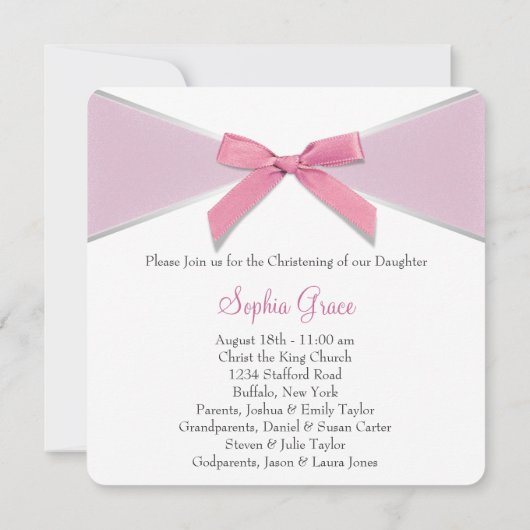 Diamond Bow Pink Christening Einladung (Rückseite)