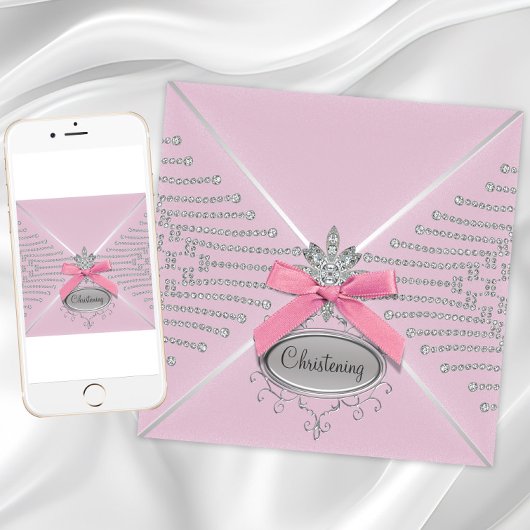 Diamond Bow Pink Christening Einladung