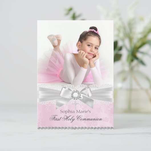 Diamond Bow Pink Foto Erste heilige Kommune Einladung (Stehend Vorderseite)