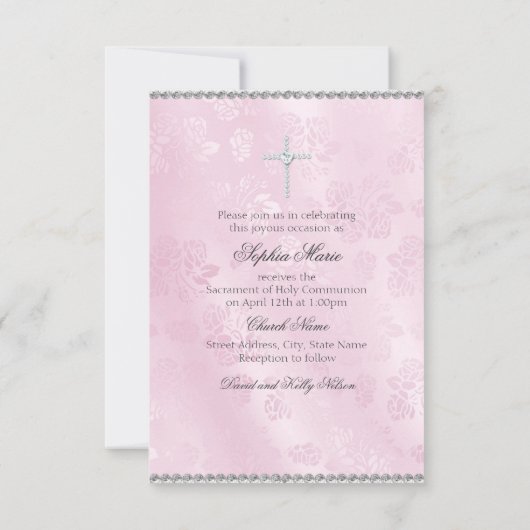 Diamond Bow Pink Foto Erste heilige Kommune Einladung (Rückseite)