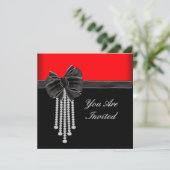 Diamond Bow Red Black Party Einladung (Stehend Vorderseite)