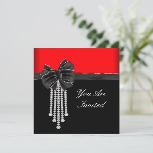 Diamond Bow Red Black Party Einladung (Stehend Vorderseite)