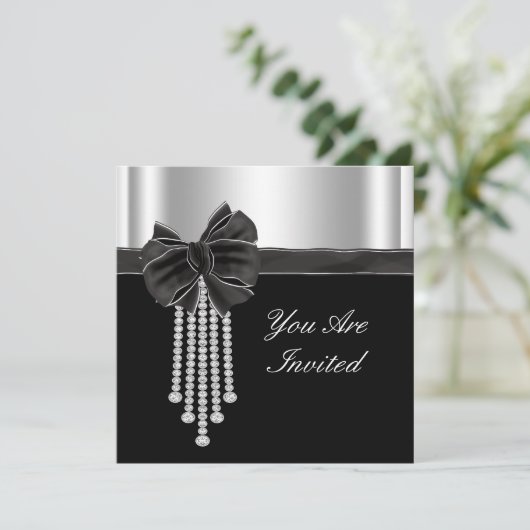 Diamond Bow Silver Black Party Template Einladung (Stehend Vorderseite)