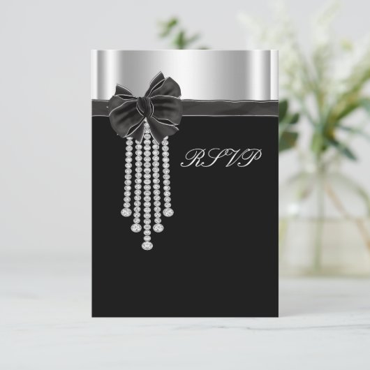Diamond Bow Silver Black Party Template RSVP Karte (Stehend Vorderseite)