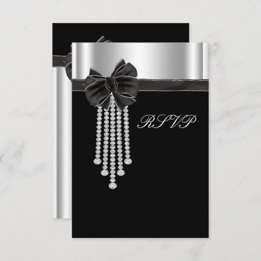 Diamond Bow Silver Black Party Template RSVP Karte (Vorne/Hinten)