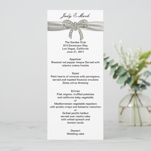 Diamond Bow Wedding Menu Card Menükarte (Stehend Vorderseite)