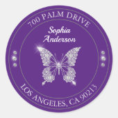 Diamond Butterfly, königliche Lila Rücksendeadress Runder Aufkleber (Vorderseite)
