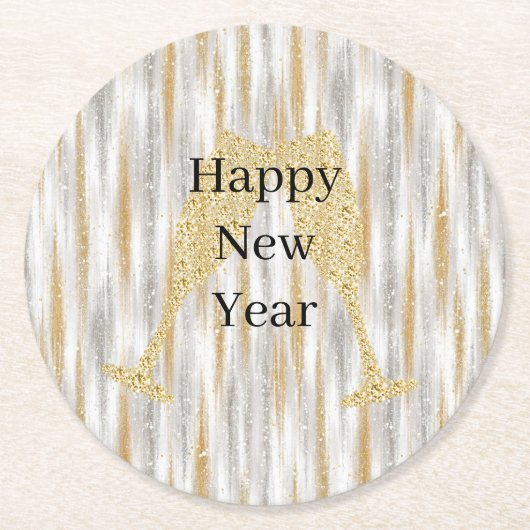 Diamond Champagne Glass Happy New Year Silver Gold Runder Pappuntersetzer (Vorderseite)