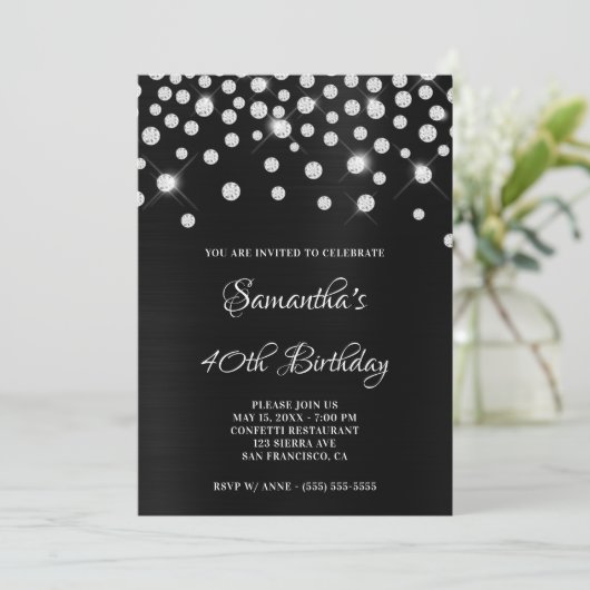 Diamond Confetti Black Satin Foil Ombre Einladung (Stehend Vorderseite)