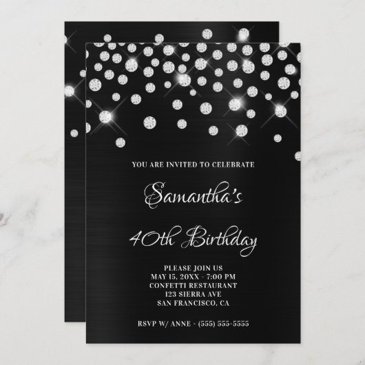 Diamond Confetti Black Satin Foil Ombre Einladung (Vorne/Hinten)