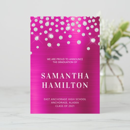 Diamond Confetti Hot Pink Ombre Foil Abschluss Ankündigung (Stehend Vorderseite)