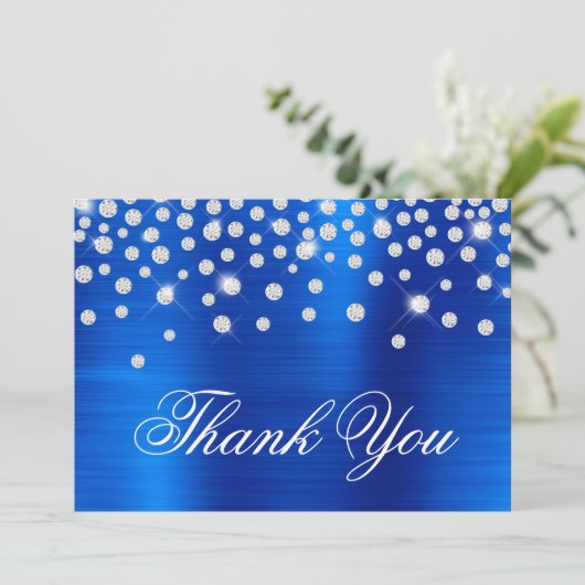 Diamond Confetti Royal Blue Satin Gradient Foil Dankeskarte (Stehend Vorderseite)