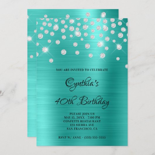 Diamond Confetti Turquoise Satin Foil Ombre Einladung (Vorne/Hinten)