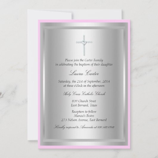 Diamond Cross Pink Taufe/Christening Einladung (Vorderseite)