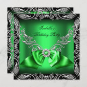 Diamond Deep Green Bow Silver Black Birthday Party Einladung (Vorne/Hinten)