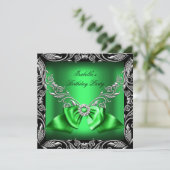 Diamond Deep Green Bow Silver Black Birthday Party Einladung (Stehend Vorderseite)