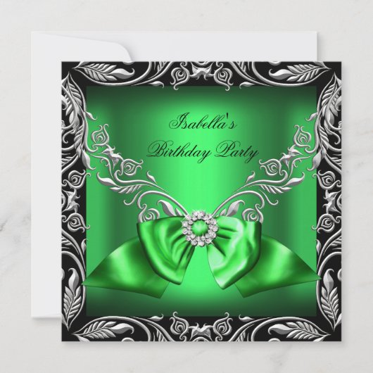 Diamond Deep Green Bow Silver Black Birthday Party Einladung (Vorderseite)