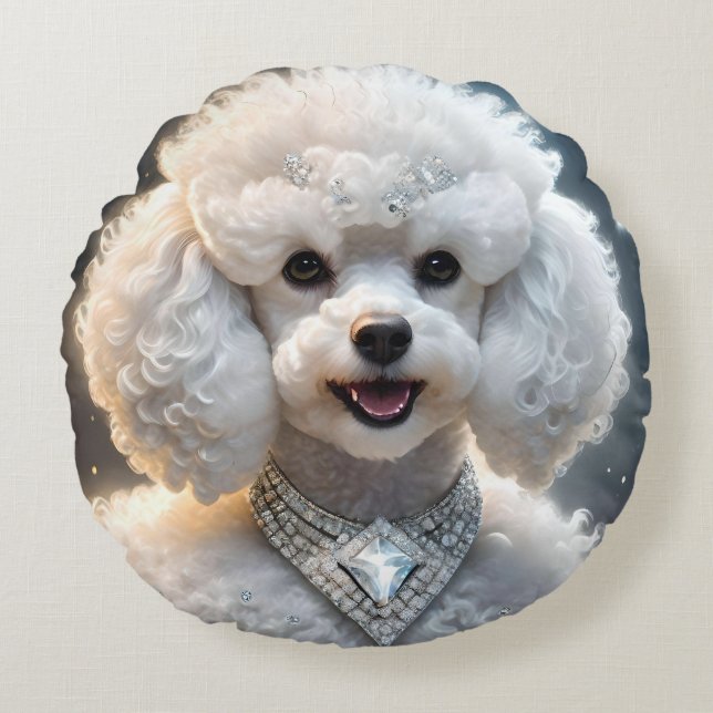 "Diamond Diva: Das glamouröse Poodle in Sparkle" Rundes Kissen (Vorderseite)