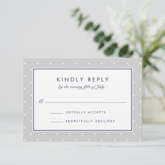 Diamond Dot RSVP Card | Grau und Marine (Stehend Vorderseite)