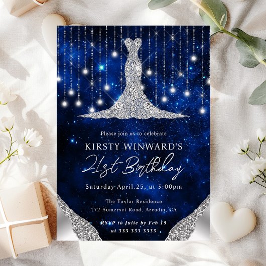 Diamond Dress & Bokeh String Lights 21. Geburtstag Einladung