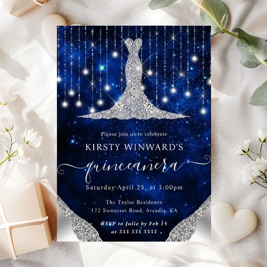 Diamond Dress & Bokeh String Lights Quinceanera Einladung