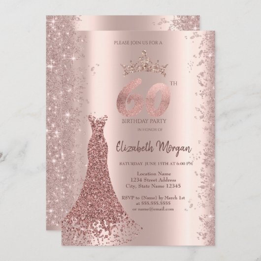 Diamond Dress Rose Gold Glitzer Staub 60. Geburtst Einladung (Vorne/Hinten)