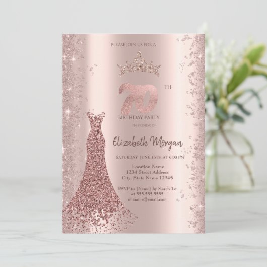 Diamond Dress Rose Gold Glitzer Staub 70. Einladung (Stehend Vorderseite)