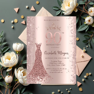 Diamond Dress Rose Gold Glitzer Staub 90. Geburtst Einladung