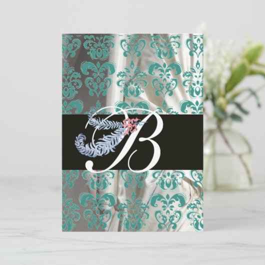 DIAMOND FEATHER BLUE WHITE SILK DAMASK MONOGRAMM EINLADUNG (Stehend Vorderseite)