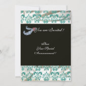 DIAMOND FEATHER BLUE WHITE SILK DAMASK MONOGRAMM EINLADUNG (Rückseite)