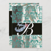 DIAMOND FEATHER BLUE WHITE SILK DAMASK MONOGRAMM EINLADUNG (Vorne/Hinten)