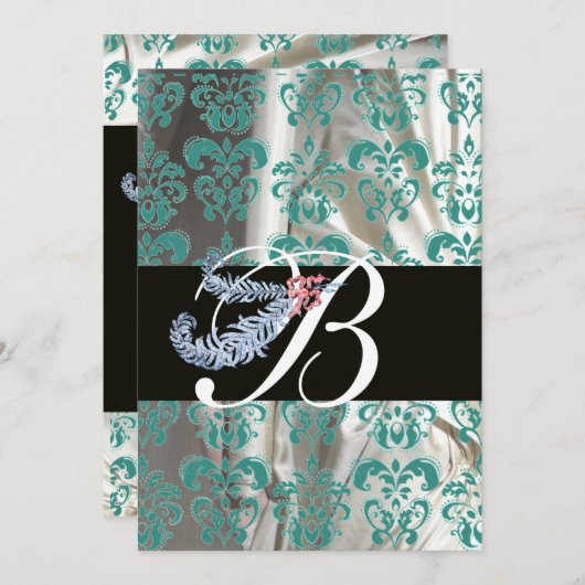 DIAMOND FEATHER BLUE WHITE SILK DAMASK MONOGRAMM EINLADUNG (Vorne/Hinten)