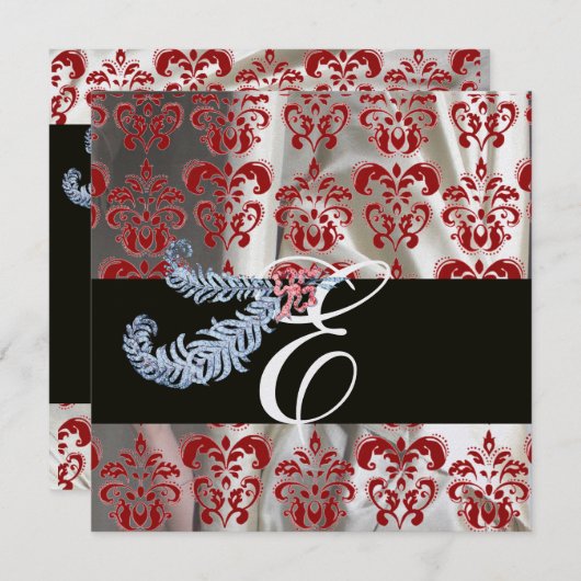DIAMOND FEATHER RED WHITE ICE SILK DAMASK MONOGRAM EINLADUNG (Vorne/Hinten)